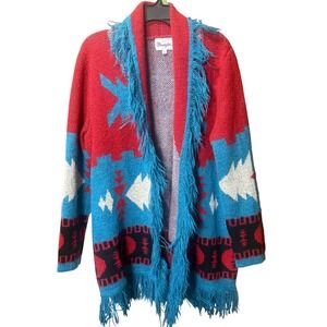 Wrangler Native Aztec Blue Red Black White Fringe Cardigan Southwest Boho Sz Lg